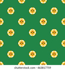 Seamless pattern casino chips. Modern background of casino chips with playing card symbols. Tiling casino backdrop. Seamless texture with casino chips. 