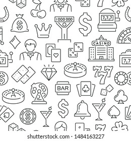 Seamless pattern with casino and gambling. Black and white thin line icons