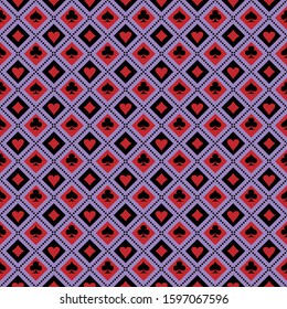 seamless pattern with casino playing cards. hearts, clubs, diamonds and spades. casino suit symbols and signs.
