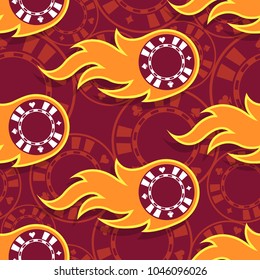 Seamless pattern with casino poker chips icons and flames. Vector illustration. Ideal for wallpaper, covers, wrapper, packaging, fabric design and any kind of decoration.