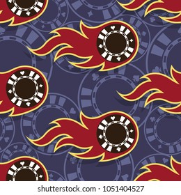 Seamless pattern with casino poker chips icons and flames. Vector illustration. Ideal for wallpaper, covers, wrapper, packaging, fabric design and any kind of decoration.