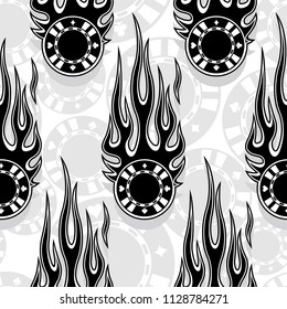 Seamless pattern with casino poker chips symbols and hot rod flame. Digital vector illustration. Ideal for wallpaper packaging fabric textile wrapping paper design.