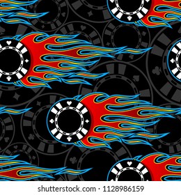 Seamless pattern with casino poker chips symbols and hot rod flame. Digital vector illustration. Ideal for wallpaper packaging fabric textile wrapping paper design.