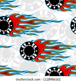 Seamless pattern with casino poker chips symbols and hot rod flame. Digital vector illustration. Ideal for wallpaper packaging fabric textile wrapping paper design.