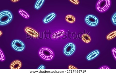 Seamless pattern for Casino or poker. Neon poker chips on dark background. Vector illustration.