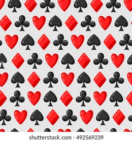 Seamless pattern of casino red and black card suits.