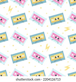 Seamless pattern with cassete tapes in 1990s style. Vector illustration of audio mixtape, groovy print, nostalgia 1990 for wrapping paper, wallpaper, fabric design