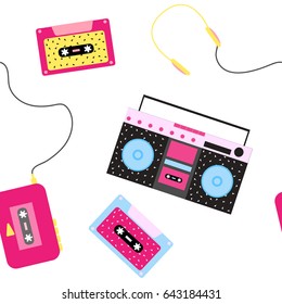 Seamless pattern with cassette, cassette player and boombox on white background.