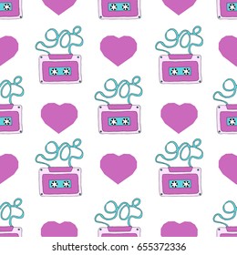 Seamless pattern with cassette tape and heart.