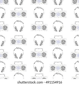 seamless pattern cassette tape recorder and headphones compiled from notes