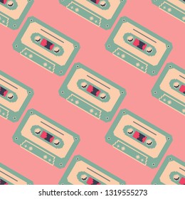 Seamless pattern of cassette tape. Retro vintage mixtape . Vector pixel art illustration. 8 bit