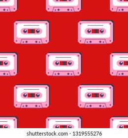 Seamless pattern of cassette tape. Retro vintage mixtape . Vector pixel art illustration. 8 bit