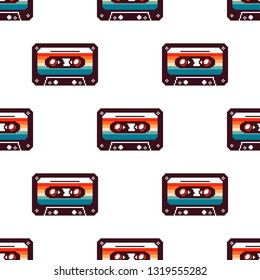 Seamless pattern of cassette tape. Retro vintage mixtape . Vector pixel art illustration. 8 bit