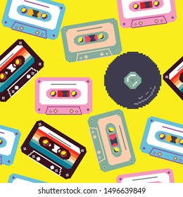 Seamless pattern of cassette tape and vinyl. Vinyl music record. vintage gramophone disc. Retro vintage mixtape . Vector pixel art illustration. 8 bit