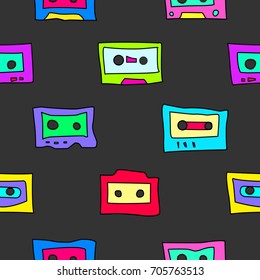 Seamless pattern with cassettes from the 1980s, 1990s.  Suitable for different types of decoration.
