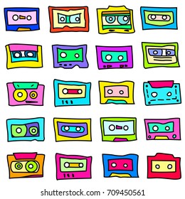 Seamless pattern with cassettes from the 1980s, 1990s.  Suitable for different types of decoration.