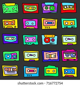 Seamless pattern with cassettes from the 1980s, 1990s.  Suitable for different types of decoration.
