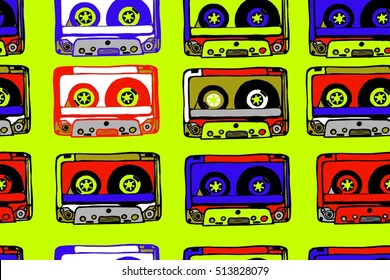 Seamless pattern with cassettes. The image is placed in the mask. Vector illustration. 