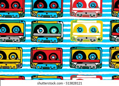 Seamless pattern with cassettes. The image is placed in the mask. Vector illustration. 