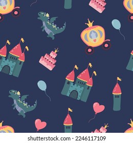 Seamless pattern with castle and dragon. Design for fabric, textile, wallpaper, packaging.	