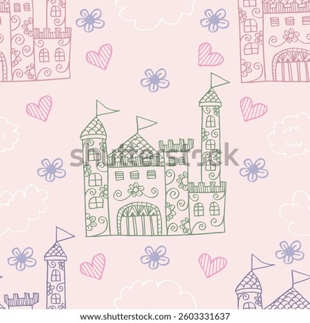 Seamless pattern with castle and flowers. Vector illustration. Hand drawn background.