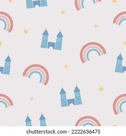 Seamless pattern with castle, rainbow and stars. For kids stuff, card, posters, banners, children books, printing on the pack, clothes, fabric, wallpaper, textile or dishes.