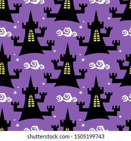 Seamless pattern with castle silhouette.  Halloween vector illustration. Flat style. Design element for wrapping paper, banner, wallpaper or fabric.