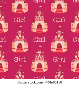 Seamless pattern with a Castle. Text girl. Bright pink and purple. Vector illustration.