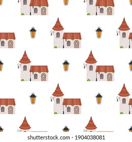 Seamless pattern with castle tower. Endless background. Good for wrapping paper, postcards, and books. Vector illustration.