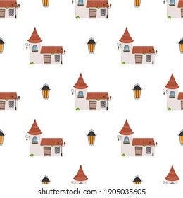 Seamless pattern with castle tower. Endless background. Good for wrapping paper, postcards, and books. Cartoon style. Vector 