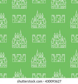 Seamless pattern with castle and tower, royal, fort, knight, palace, kingdom, fortress. Thin line icon. Vector illustration. Graphic, simple, isolated, outline. Green.