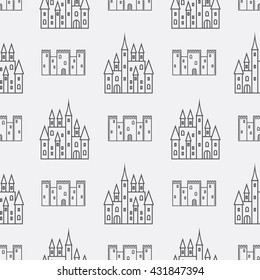 Seamless pattern with castle and tower. Thin line icon. Vector illustration.