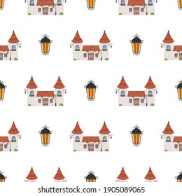 Seamless pattern with castle and towers. Endless background. Good for wrapping paper, postcards, and books. Cartoon style. Vector illustration.