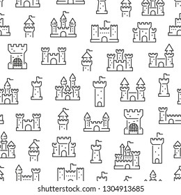 Seamless pattern with castles. Black and white thin line icons