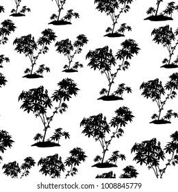 Seamless Pattern, Castor Plant, Black Silhouette Isolated on Tile White Background. Vector