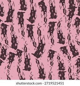 Un patrón sin fisuras con pinceladas marrones informales sobre un fondo rosa, creando un adorno abstracto. Ilustración vectorial para estampados en telas, embalajes y fundas.