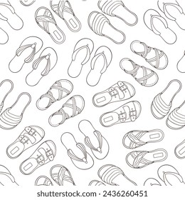 Seamless pattern with casual footwear in line art style. Flip-flops, sandals, slippers design for wallpaper, textile. Vector illustration on a white background.