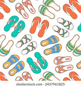 Seamless pattern with casual summer shoes in cartoon style. Flip-flops, sandals, slippers design for wallpaper, textile. Vector illustration on a white background.