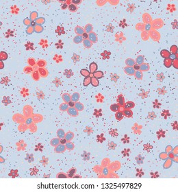 Seamless pattern. Casually drawn flowers. 
Background consisting of a scattering of small spots. Editable.