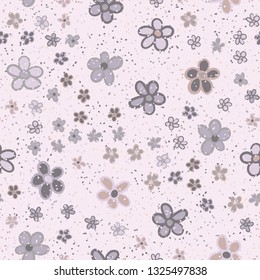 Seamless pattern. Casually drawn flowers. 
Background consisting of a scattering of small spots. Editable.