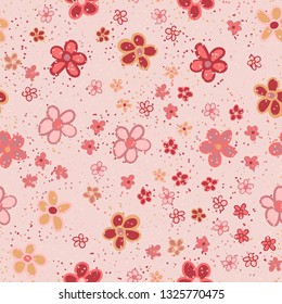 Seamless pattern. Casually drawn flowers. 
Background consisting of a scattering of small spots. Editable.