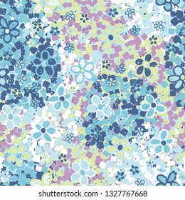 Seamless pattern. Casually drawn flowers. 
Background consisting of chaos of rounded squares.