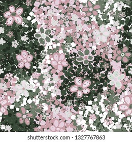 Seamless pattern. Casually drawn flowers. 
Background consisting of chaos of rounded squares.