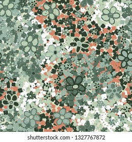 Seamless pattern. Casually drawn flowers. 
Background consisting of chaos of rounded squares.