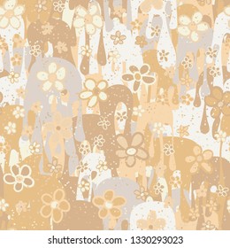 Seamless pattern. Casually drawn flowers. 
The background consists of flowing blots.