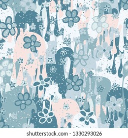 Seamless pattern. Casually drawn flowers. 
The background consists of flowing blots.