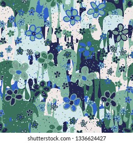 Seamless pattern. Casually drawn flowers. 
The background consists of flowing blots.