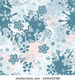 Seamless pattern. Casually drawn flowers. 
The background consists of large blots.