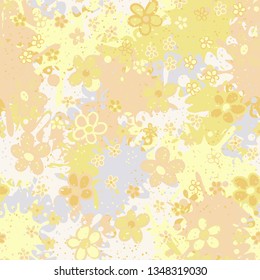 Seamless pattern. Casually drawn flowers. 
The background consists of large blots.