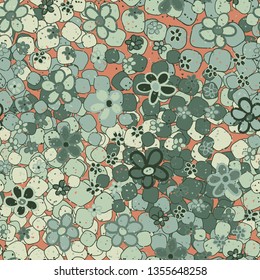Seamless pattern. Casually drawn flowers. 
The background consists of crumpled rounded quadrangles.